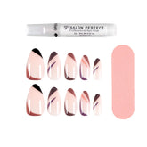 Salon Perfect Modern Art press-on nails with a nude base and abstract brown and purple accents, including nail glue and a nail file.